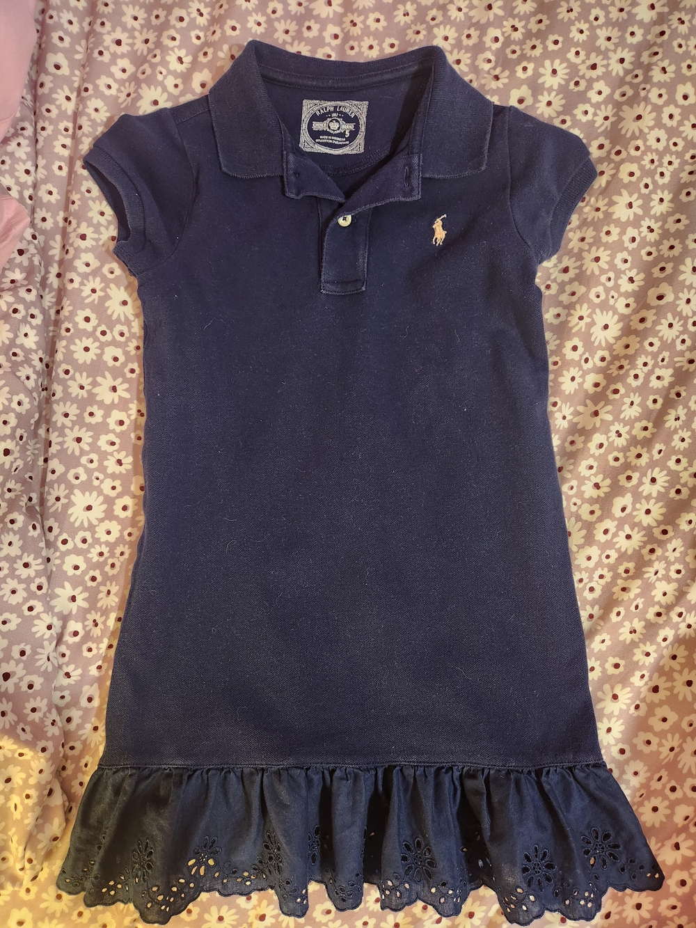 Ralph Lauren Girls' Navy Polo Dress with Eyelet Hem